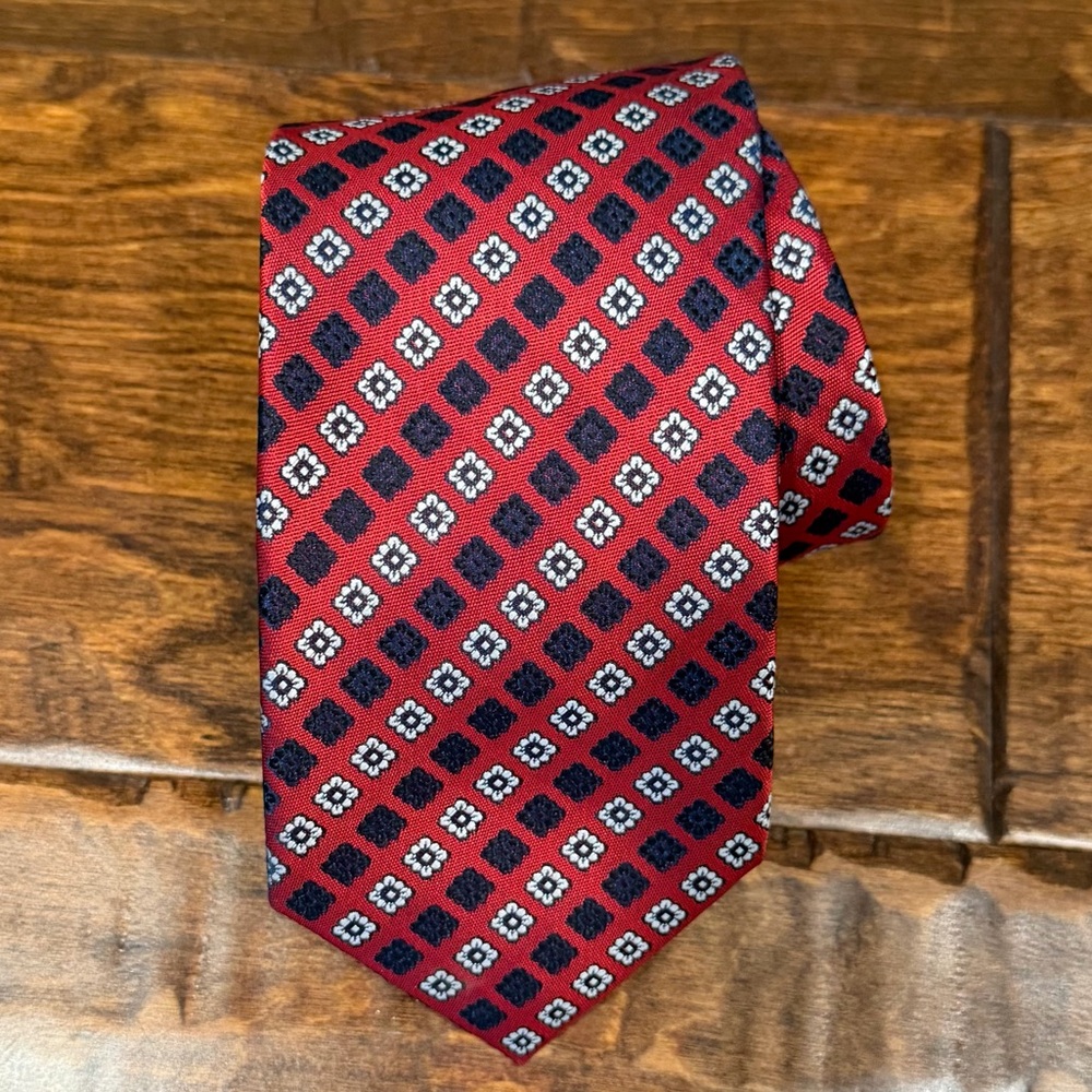 Imani Uomo Handmade Silk Tie Red Blue Geometric Medallion Mens Necktie 61”